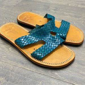 LJ Cuir Moroccan Made Teal Braided Leather Slide Sandals